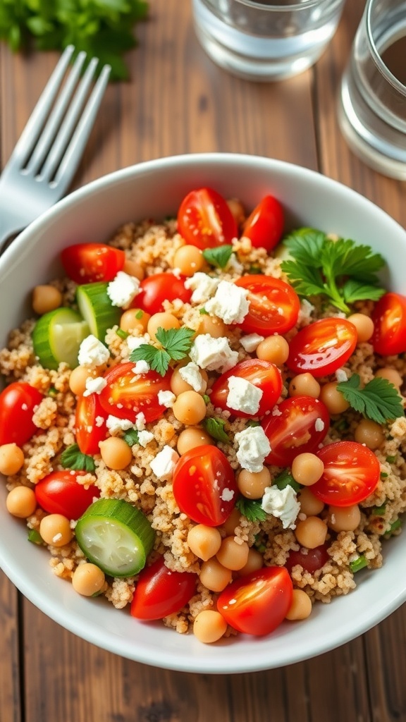A vibrant quinoa chickpea salad with cherry tomatoes, cucumbers, parsley, and feta cheese on a wooden table.